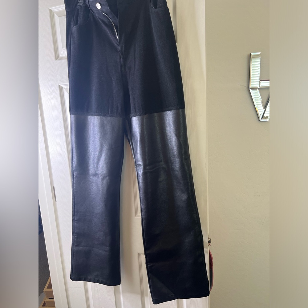 Black jean faux leather pants